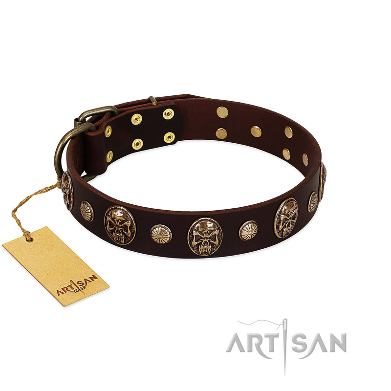 "Snazzy Paws" FDT Artisan Brown Leather Doberman Collar Adorned with Conchos and Medallions