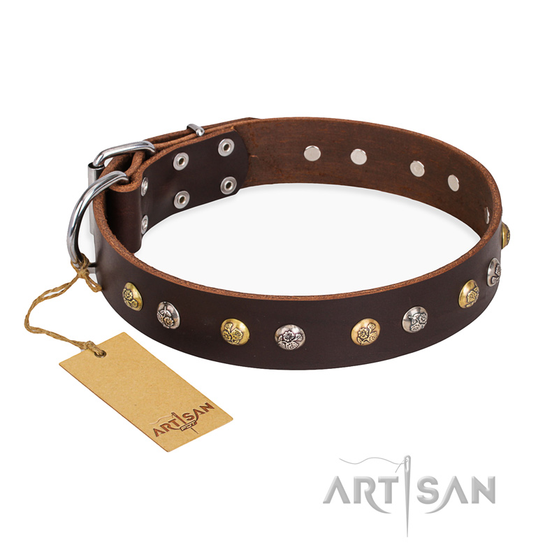 "Rare Flower" FDT Artisan Brown Leather Doberman Collar Adorned with Old-look Hemisphere Studs - Click Image to Close