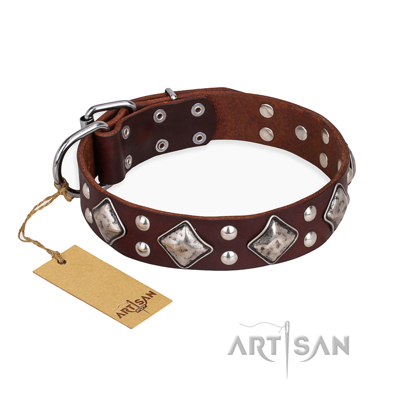 "King of Grace" FDT Artisan Stylish Leather Doberman Collar with Old Silver-Like Plated Decorations
