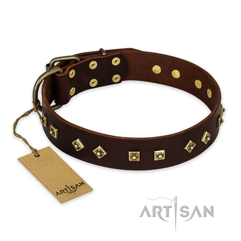 "Fashion Studs" FDT Artisan Decorated Leather Doberman Collar with Old Bronze-Plated Steel Hardware
