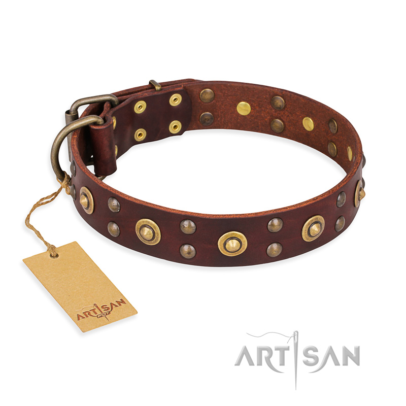 "Caprice of Fashion" FDT Artisan Brown Leather Doberman Collar with Round Decorations - Click Image to Close