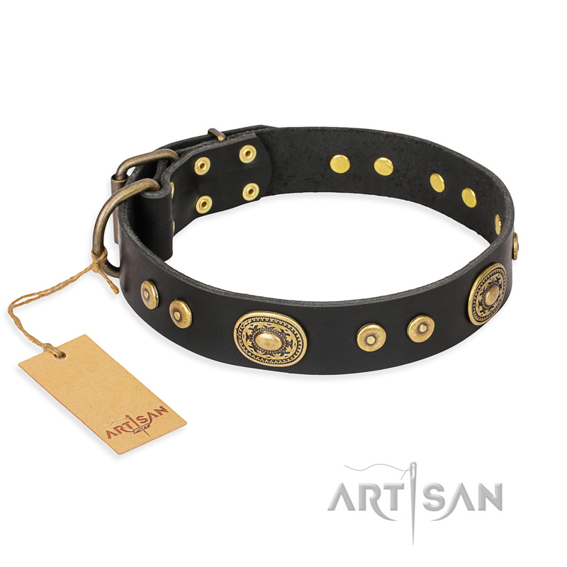 "Golden Radiance" FDT Artisan Black Leather Doberman Collar with Old Bronze Look Ovals and Circles
