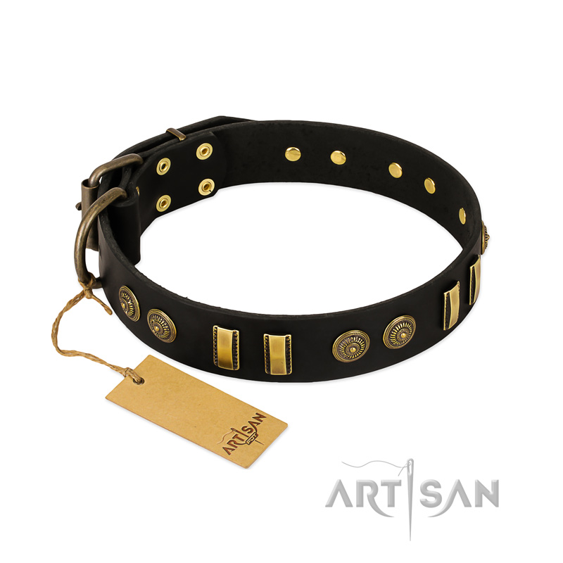 "Simple Elegance" FDT Artisan Black Leather Doberman Collar with Old Bronze-like Plates and Circles