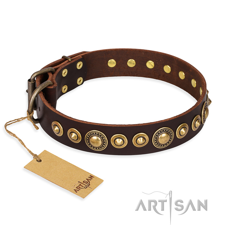 "Ancient Warrior" FDT Artisan Fancy Leather Doberman Collar with Old-Bronze Plated Decorations