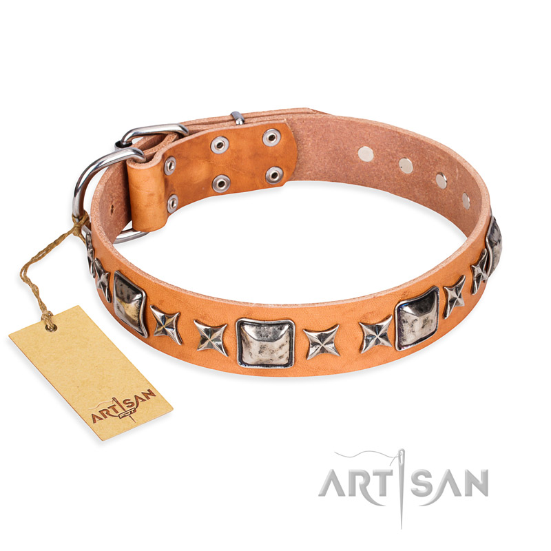 "Glamour Finery" FDT Artisan Female Doberman collar of natural leather with stylish old-looking circles