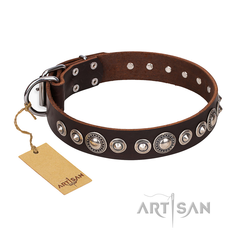 "Step and Sparkle" FDT Artisan Glamorous Studded Brown Leather Doberman Collar