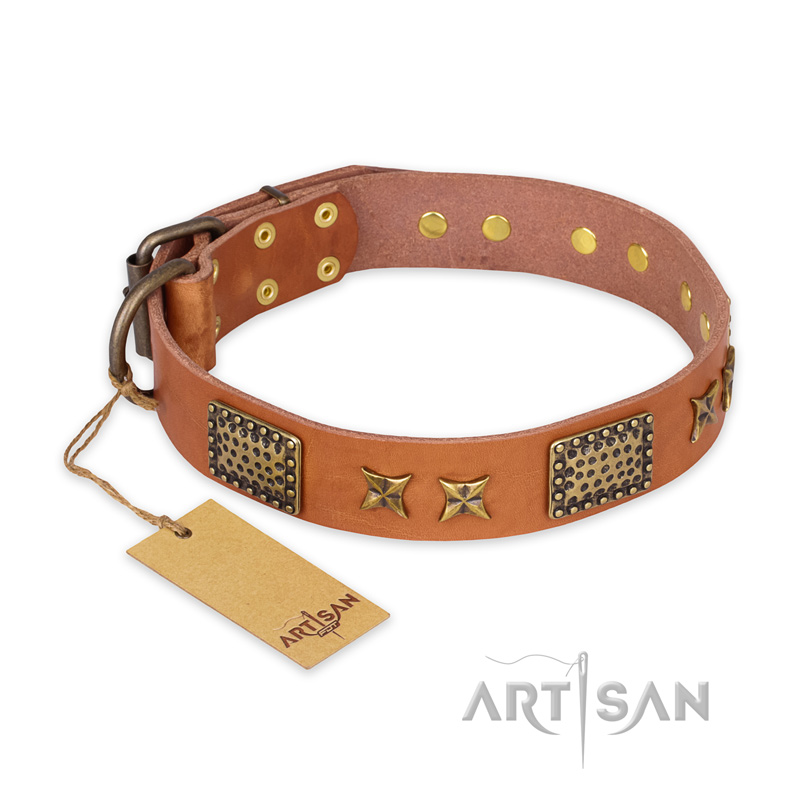 "Cosmic Traveller" FDT Artisan Adorned Leather Doberman Collar with Old Bronze-Plated Stars and Plates - Click Image to Close