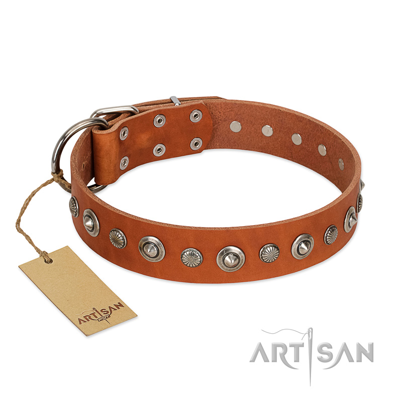 "Gorgeous Roundie" FDT Artisan Tan Leather Doberman Collar with Chrome-plated Circles
