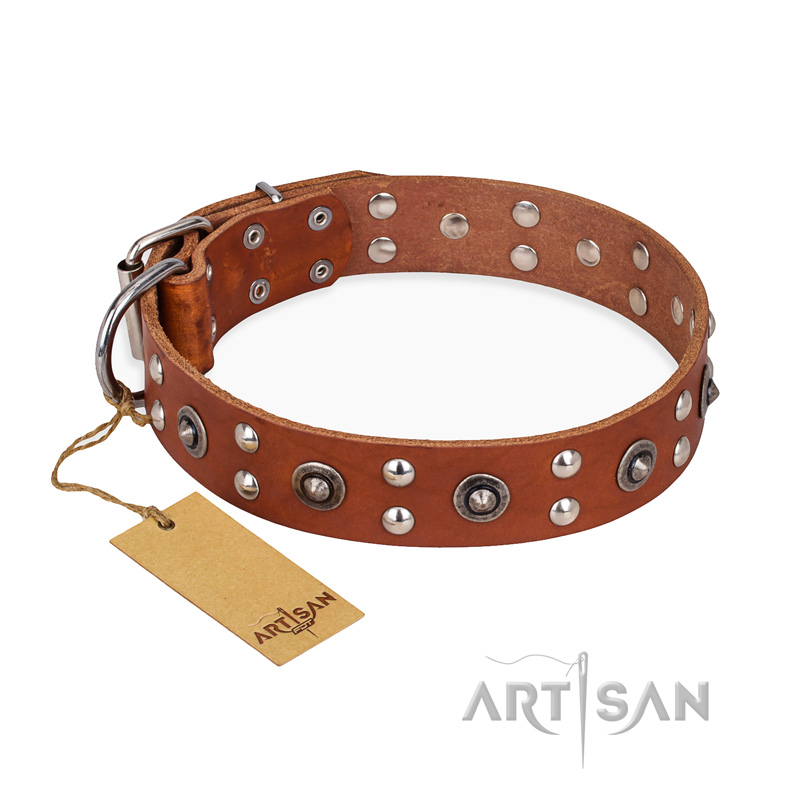"Silver Elegance" FDT Artisan Decorated Leather Doberman Collar with Old Silver-Like Plated Studs and Cones