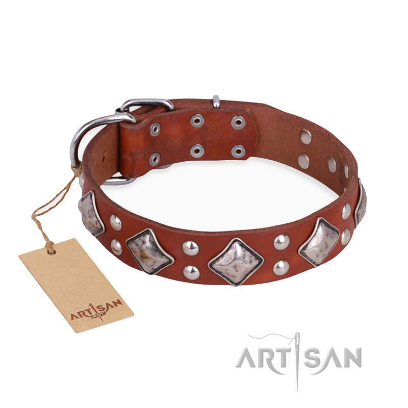 "Magic Squares" FDT Artisan Tan Leather Doberman Collar with Silver-like Decor