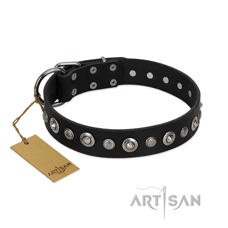"Genteel Charm" FDT Artisan Black Leather Doberman Collar with Silver-like Round Conchos
