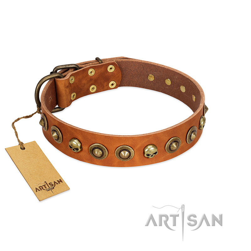 "Prez of the Pack" FDT Artisan Tan Leather Doberman Collar with Skulls and Brooches