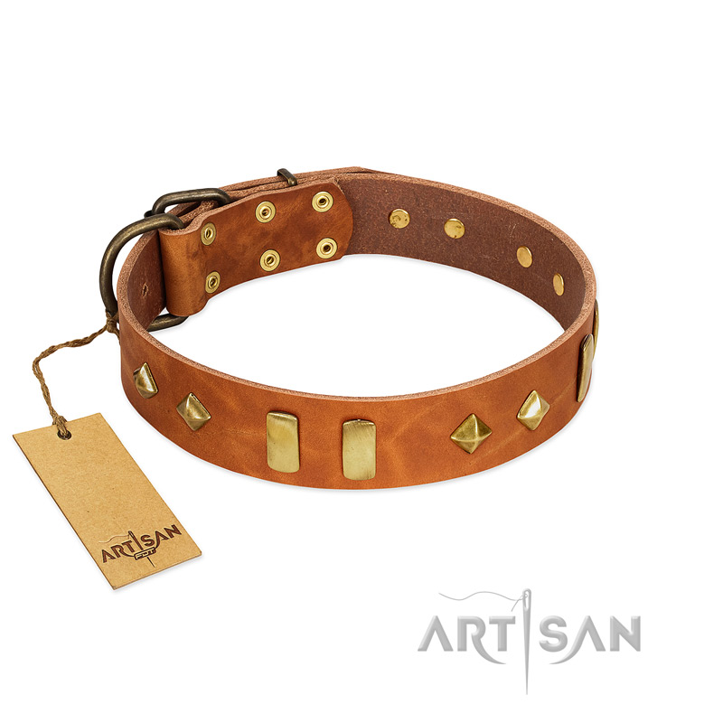 "Woofy Dawn" FDT Artisan Tan Leather Doberman Collar with Plates and Rhombs