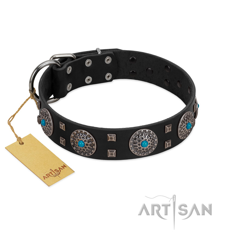 "Boundless Blue" FDT Artisan Black Leather Doberman Collar with Chrome Plated Brooches and Square Studs