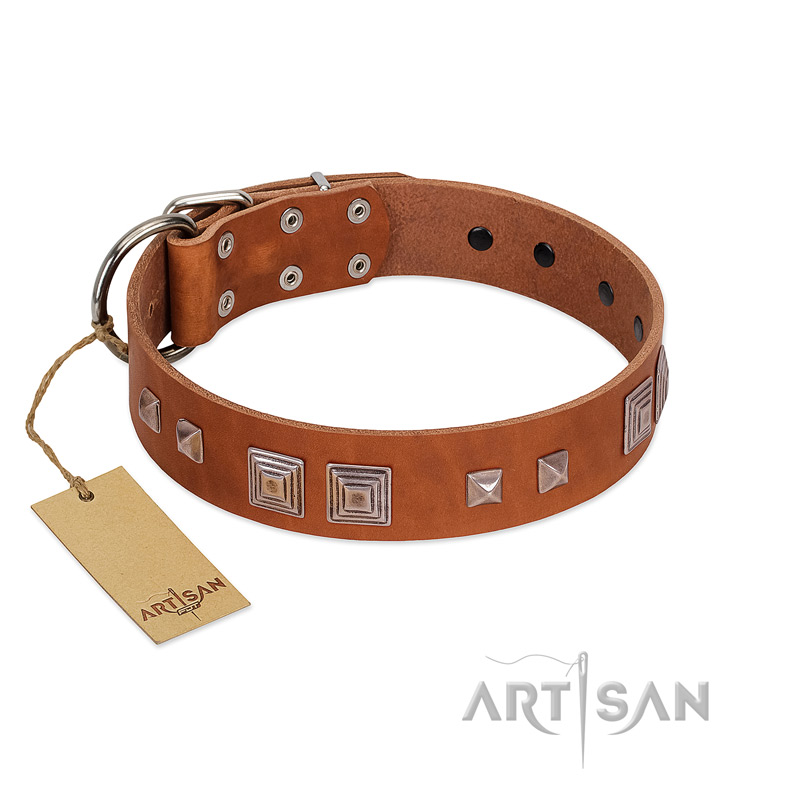 "Egyptian Gifts" Handmade FDT Artisan Tan Leather Doberman Collar with Chrome-plated Pyramids