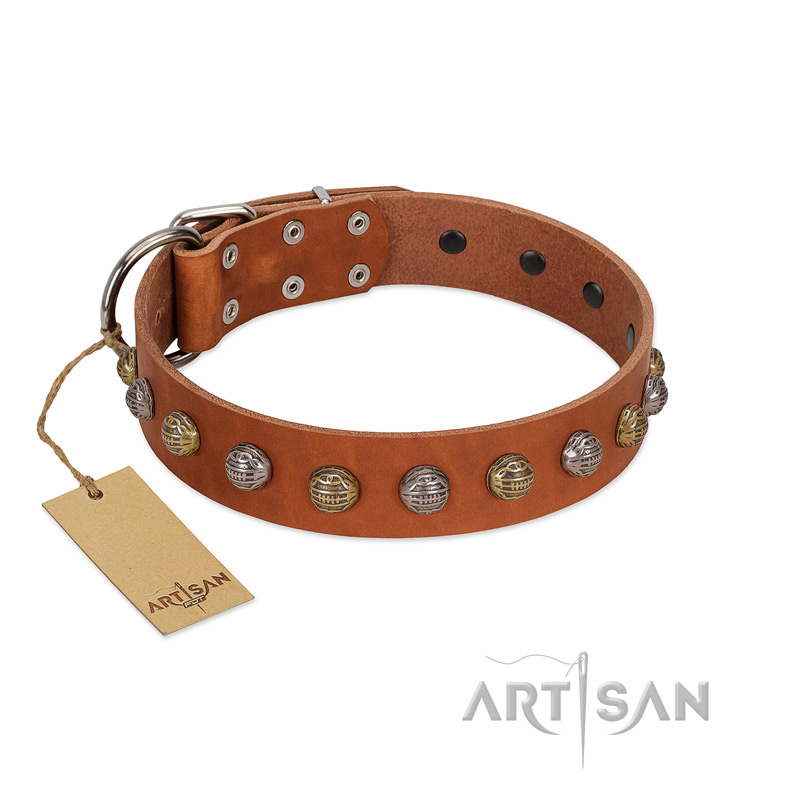 "Dogue-Vogue" FDT Artisan Tan Leather Doberman Collar with Engraved Chrome-plated Studs