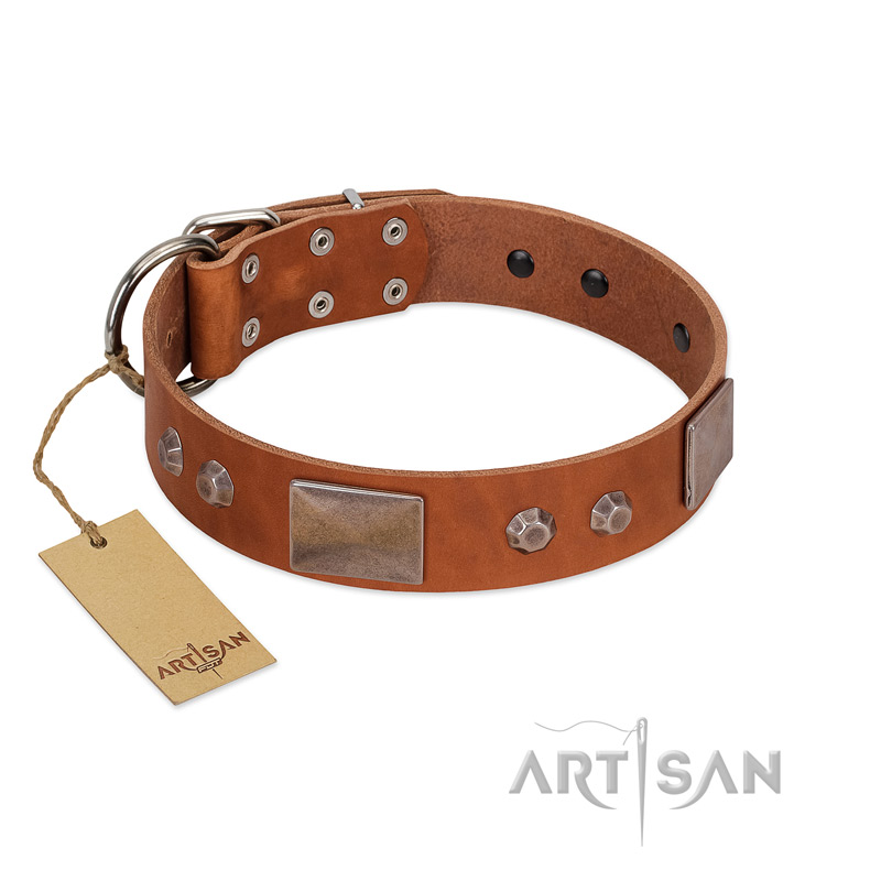 "Great Obelisk" Handcrafted FDT Artisan Tan Leather Doberman Collar with Large Plates and Pyramids