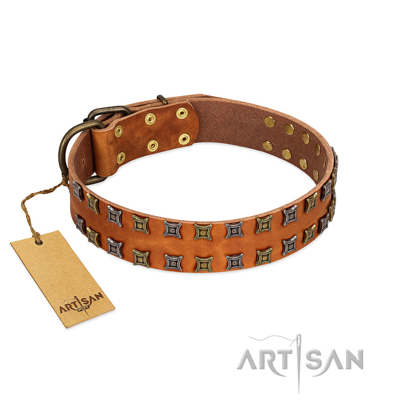 "Terra-cotta" FDT Artisan Tan Leather Doberman Collar with Two Rows of Studs - Click Image to Close