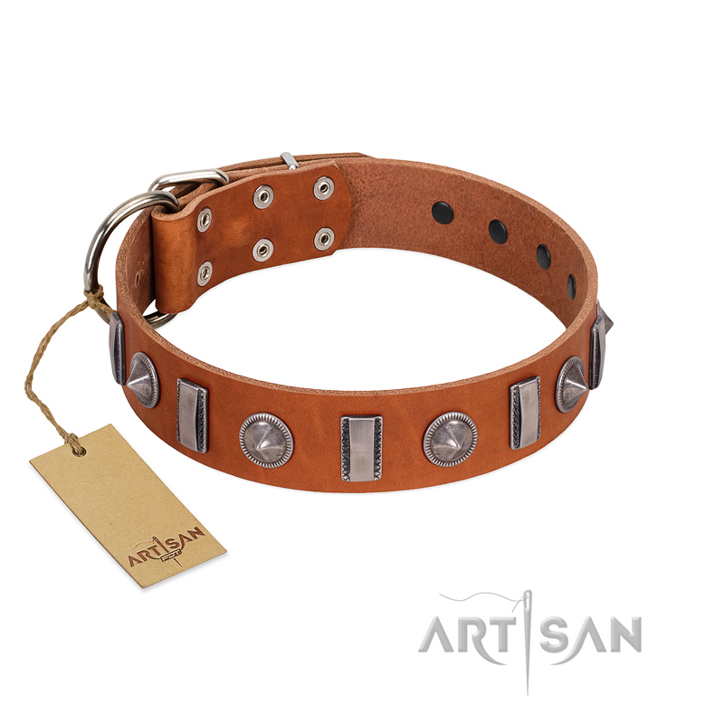 "Luxurious Necklace" FDT Artisan Tan Leather Doberman Collar with Silver-Like Adornments