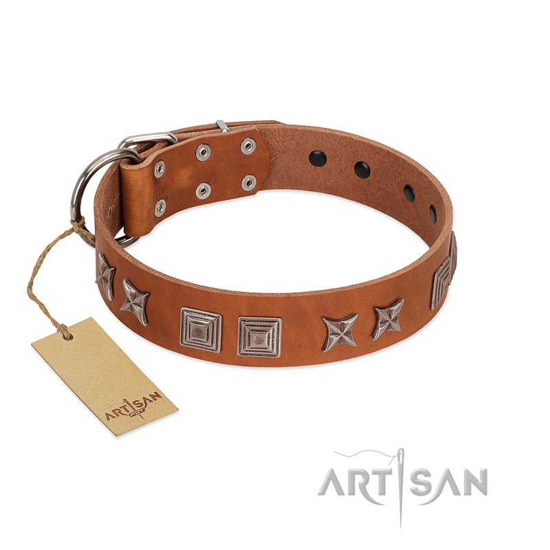 "Antique Figures" FDT Artisan Tan Leather Doberman Collar with Silver-like Engraved Plates