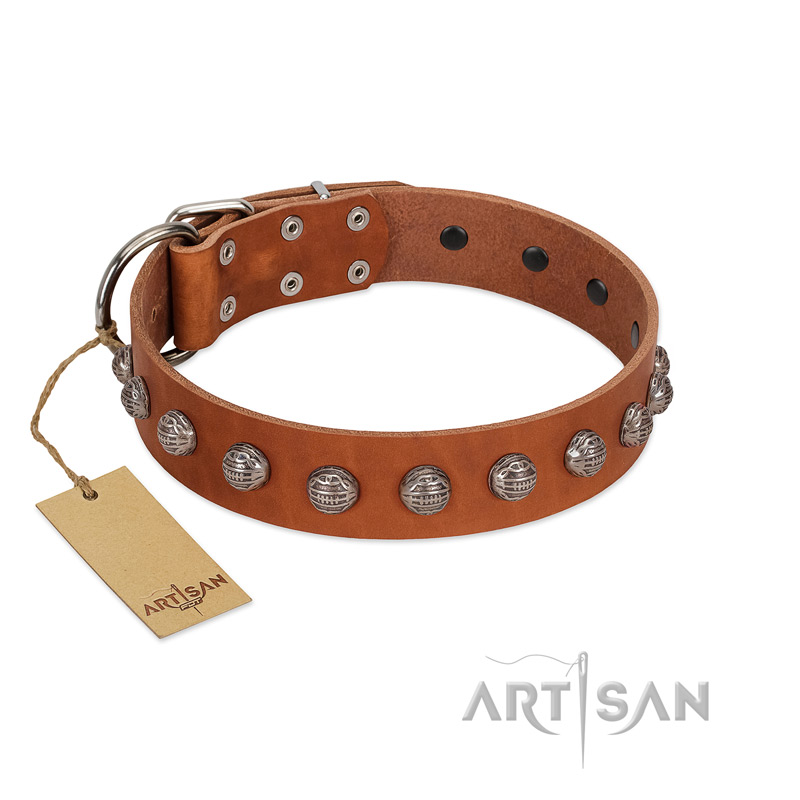 "Heroic Deeds" Designer Handmade FDT Artisan Tan Leather Doberman Collar - Click Image to Close