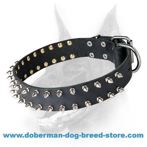 Leather Dog Collar with 2 Rows of Spikes for Doberman