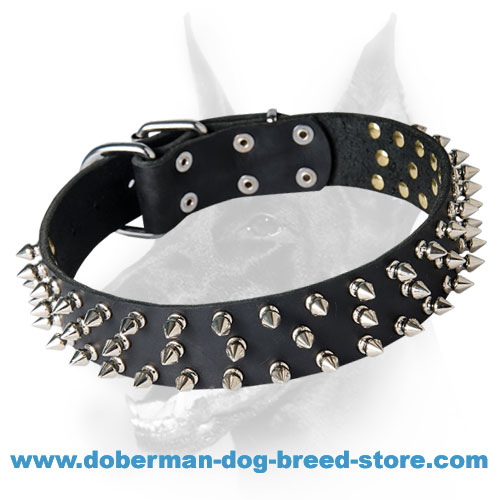Leather Dog Collar with 3 Rows of Spikes for Doberman